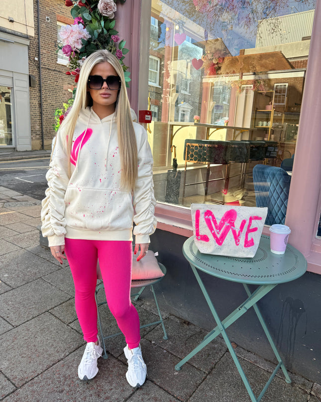 Hot Pink Hearts Cream Ruched Hoodie Legging Set Adults