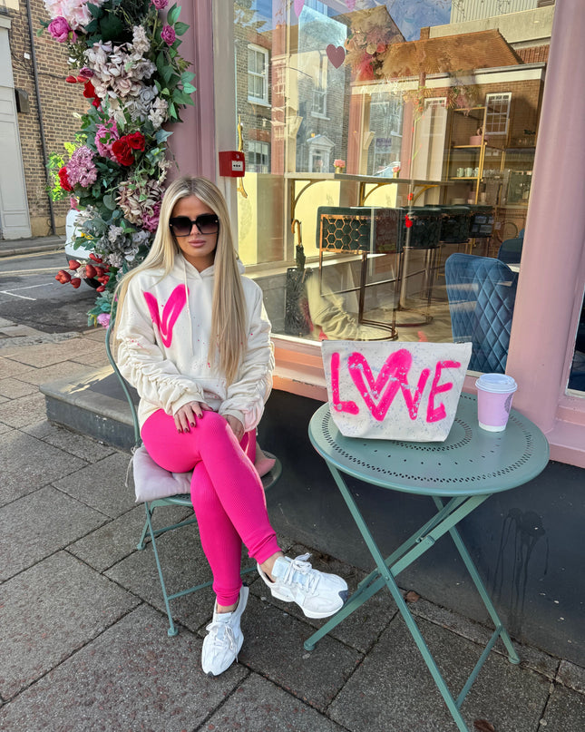 Hot Pink Hearts Cream Ruched Hoodie Legging Set Adults