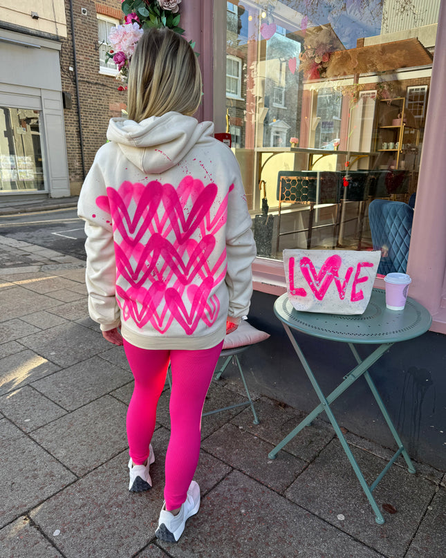 Hot Pink Hearts Cream Ruched Hoodie Legging Set Adults
