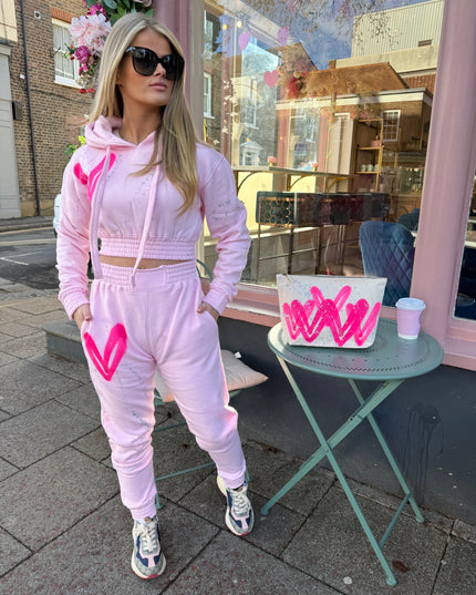 Hot Pink Hearts Spray Painted Cropped Tracksuit Adult
