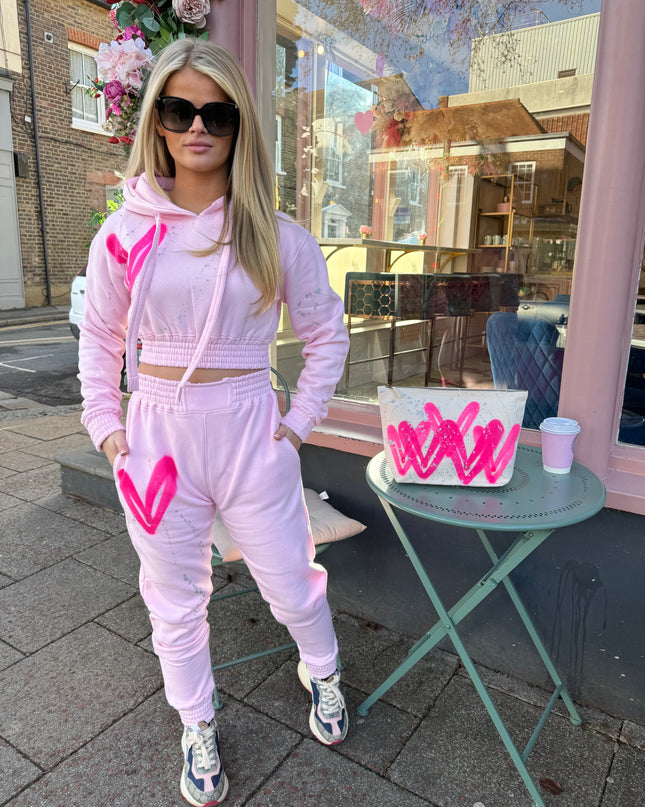 Hot Pink Hearts Spray Painted Cropped Tracksuit Adult