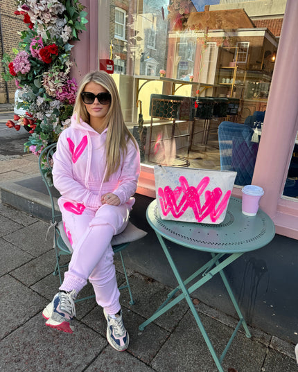 Hot Pink Hearts Spray Painted Cropped Tracksuit Adult