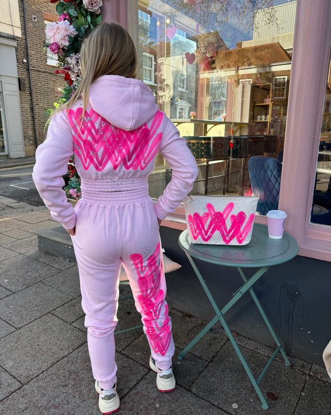 Hot Pink Hearts Spray Painted Cropped Tracksuit Adult