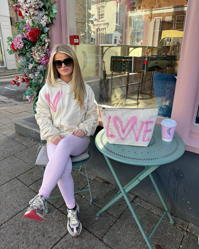 Pink Hearts Cream Ruched Hoodie Legging Set Adults