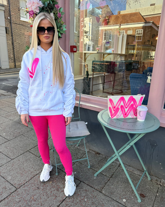 Hot Pink Hearts White Ruched Hoodie Legging Set Adults