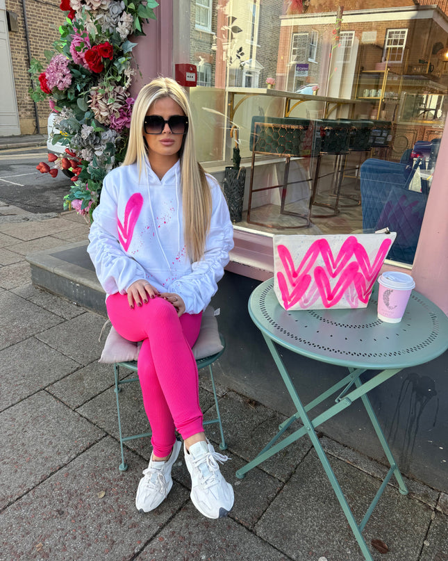 Hot Pink Hearts White Ruched Hoodie Legging Set Adults