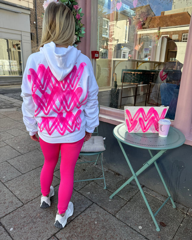 Hot Pink Hearts White Ruched Hoodie Legging Set Adults