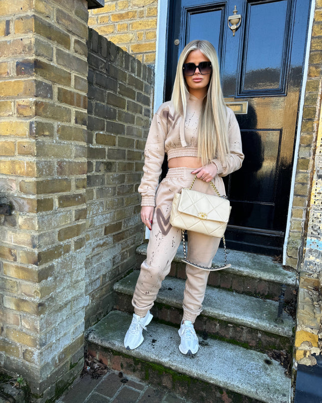 Brown Hearts Spray Painted Cropped Tracksuit Adult