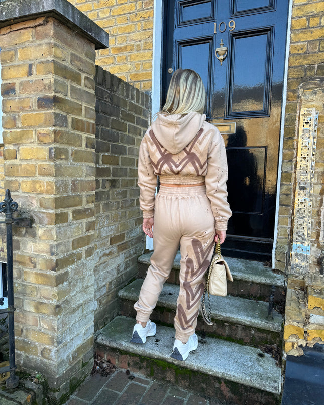 Brown Hearts Spray Painted Cropped Tracksuit Adult