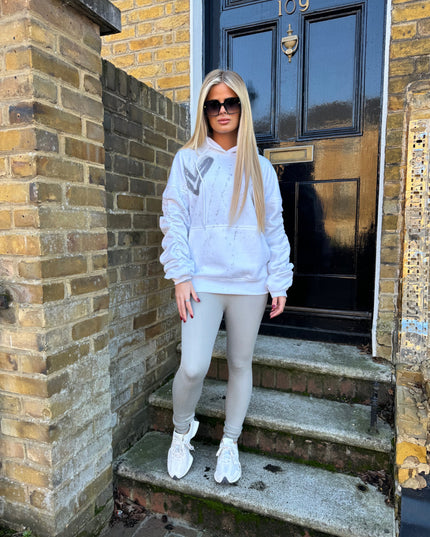 Grey Hearts White Ruched Hoodie Legging Set Adults