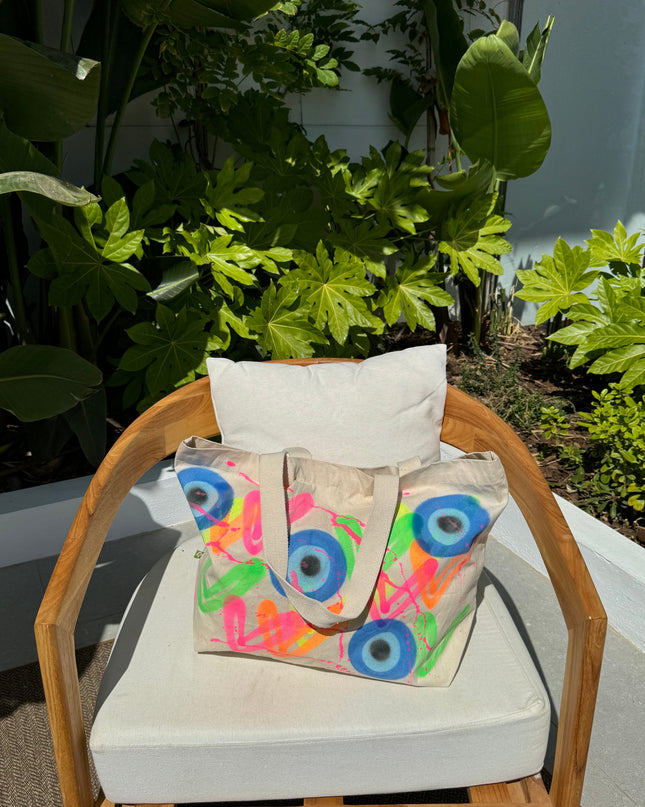 Neon Heart Evil Eye Spray Painted Tote Bag