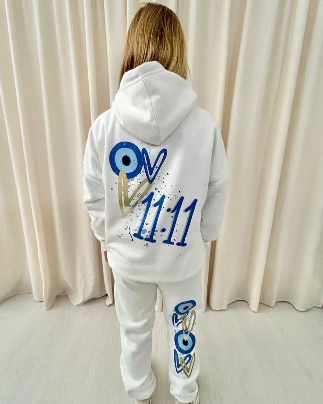 11:11 Gold Heart Evil Eye Printed Hooded Tracksuit Adult