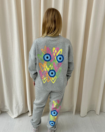 Neon Heart Evil Eye Printed Sweatshirt Tracksuit Adult