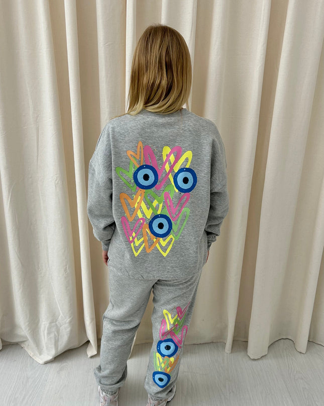 Neon Heart Evil Eye Printed Sweatshirt Tracksuit Kids