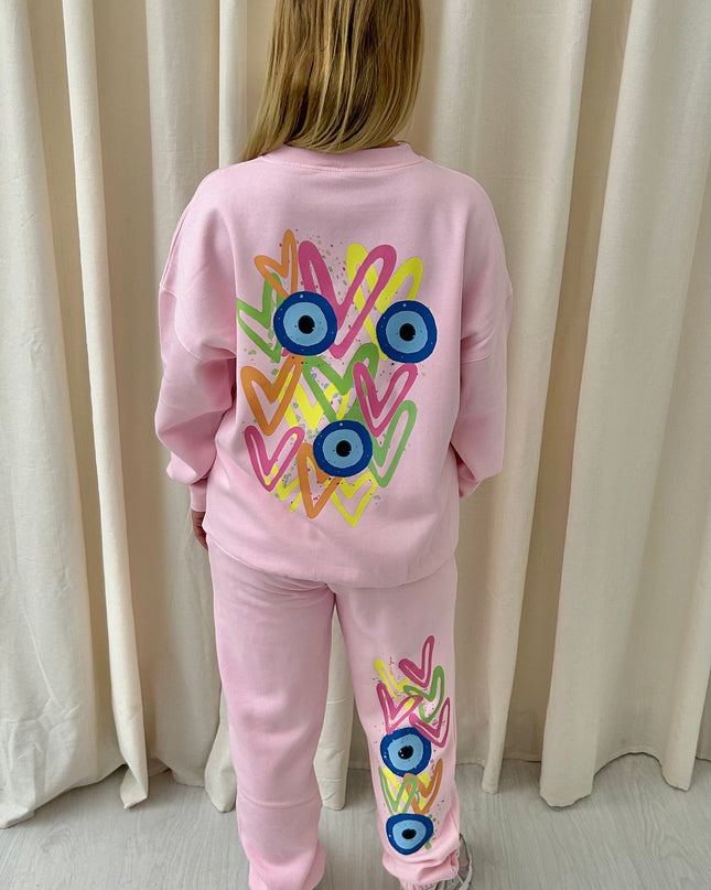 Neon Heart Evil Eye Printed Sweatshirt Tracksuit Kids