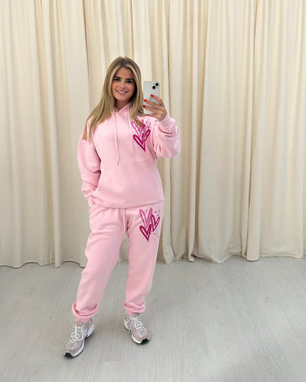 Miss Runway Pink Heart Printed Hooded Tracksuit Adult