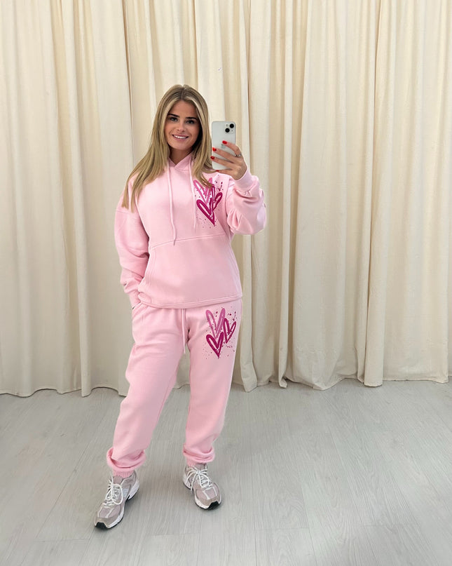 Miss Runway Pink Heart Printed Hooded Tracksuit Kids
