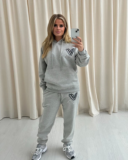 Black & Grey Hearts Printed Hooded Tracksuit Kids