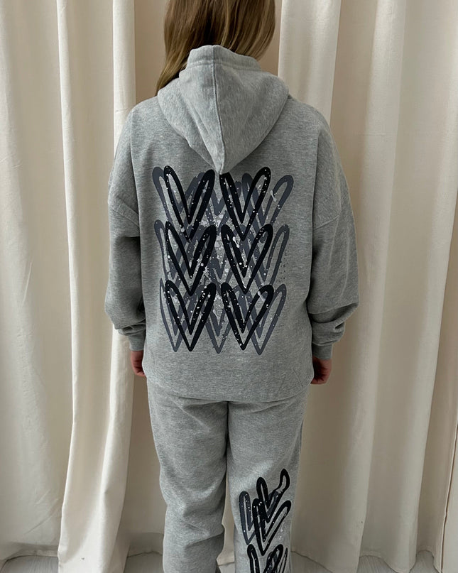 Black & Grey Hearts Printed Hooded Tracksuit Kids