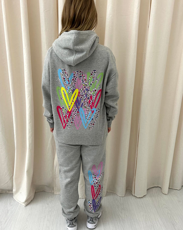 Multi Colour Leopard Print Hearts Printed Hooded Tracksuit Adult