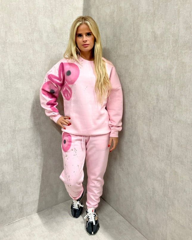 Pink Evil Eye, Peace, Heart Spray Painted Sweatshirt Tracksuit Kids