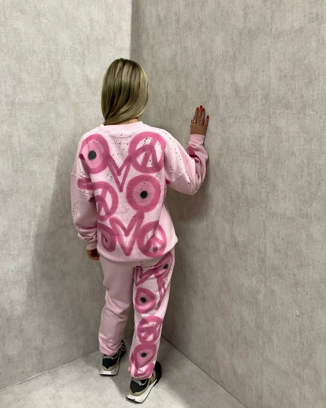 Pink Evil Eye, Peace, Heart Spray Painted Sweatshirt Tracksuit Adult