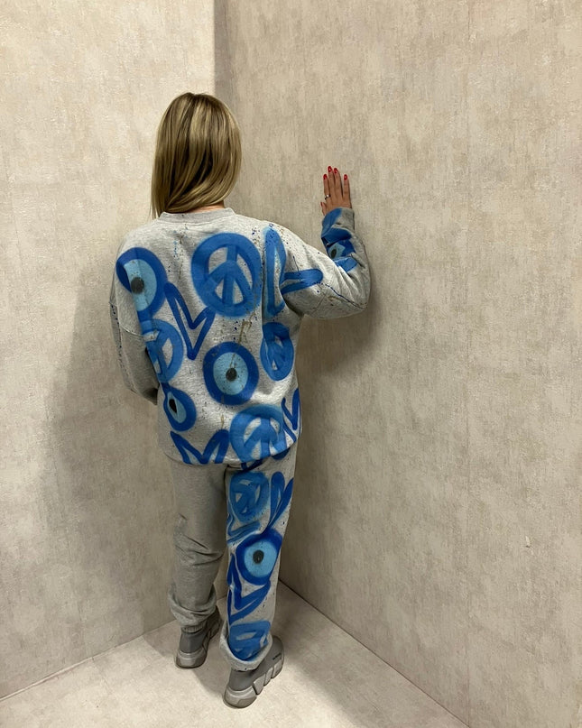 Blue Evil Eye, Peace, Heart Spray Painted Sweatshirt Tracksuit Adult
