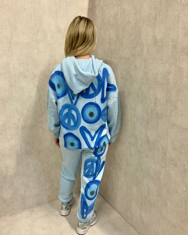 Blue Evil Eye, Peace, Heart Spray Painted Hooded Tracksuit Kids