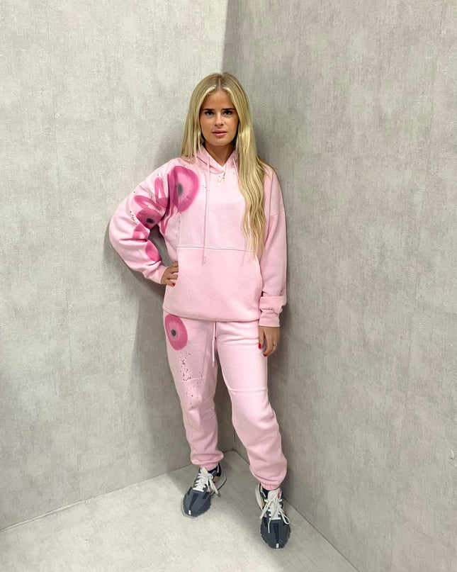 Pink Evil Eye, Peace, Heart Spray Painted Hooded Tracksuit Adult