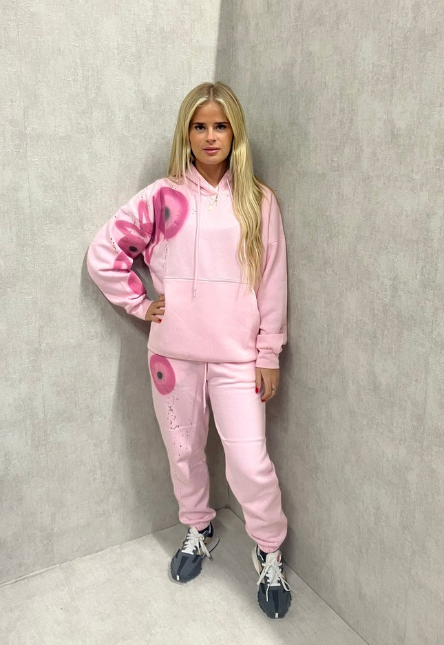 Pink Evil Eye, Peace, Heart Spray Painted Hooded Tracksuit Adult
