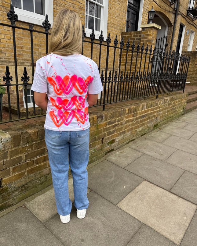 Neon Pink & Orange Hearts Spray Painted T-shirt Adult