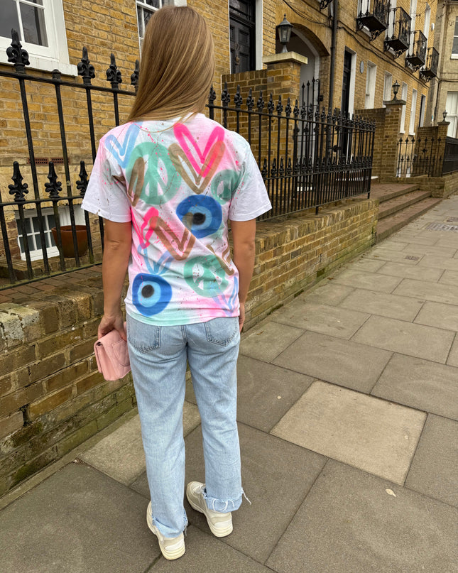 Neon Peace, Heart, Evil Eye Spray Painted T-shirt Adult