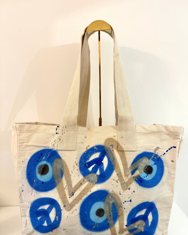 Evil Eye, Gold Heart, Peace Spray Painted Tote Bag