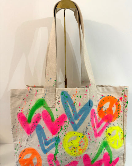 Neon Cherry, Peace, Heart Spray Painted Tote Bag