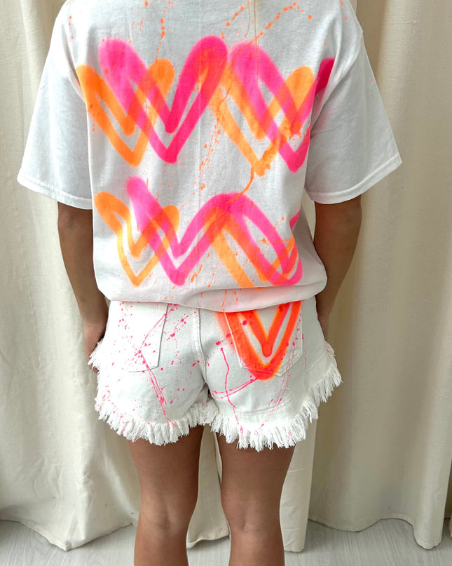 Neon Pink & Orange Hearts Denim Shorts & T-shirt Adults