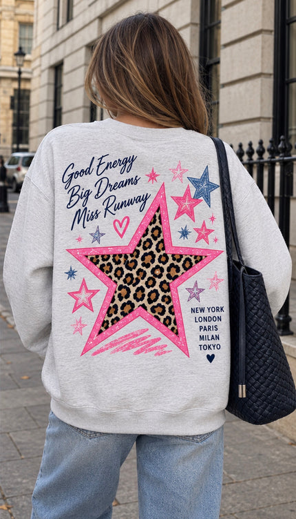 Back of the Dream Bigger Star kids' sweatshirt in grey with a large leopard print star and Good Energy Big Dreams script