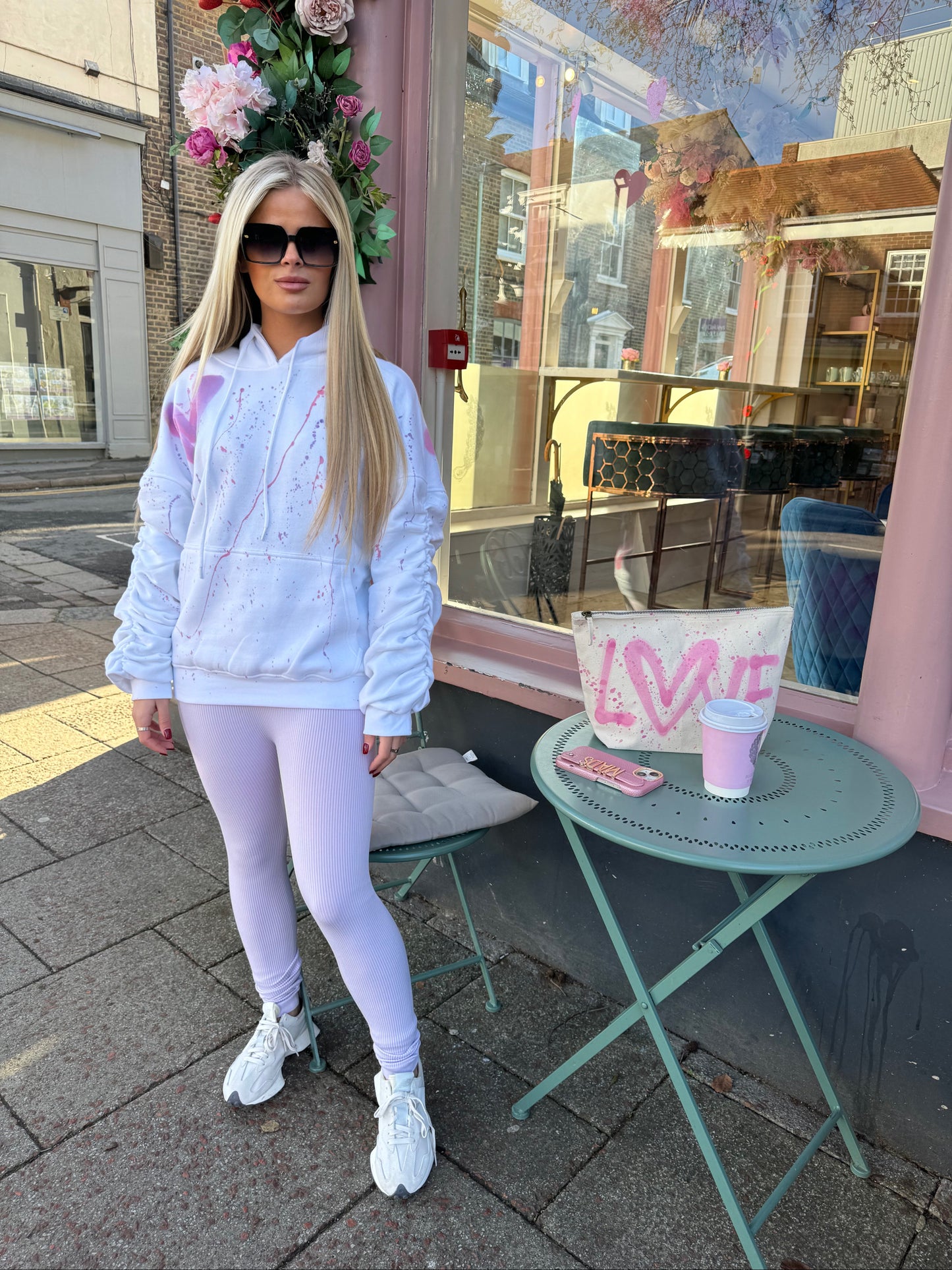 Pink Heart Sprayed Ruched Hoodie And Legging Set
