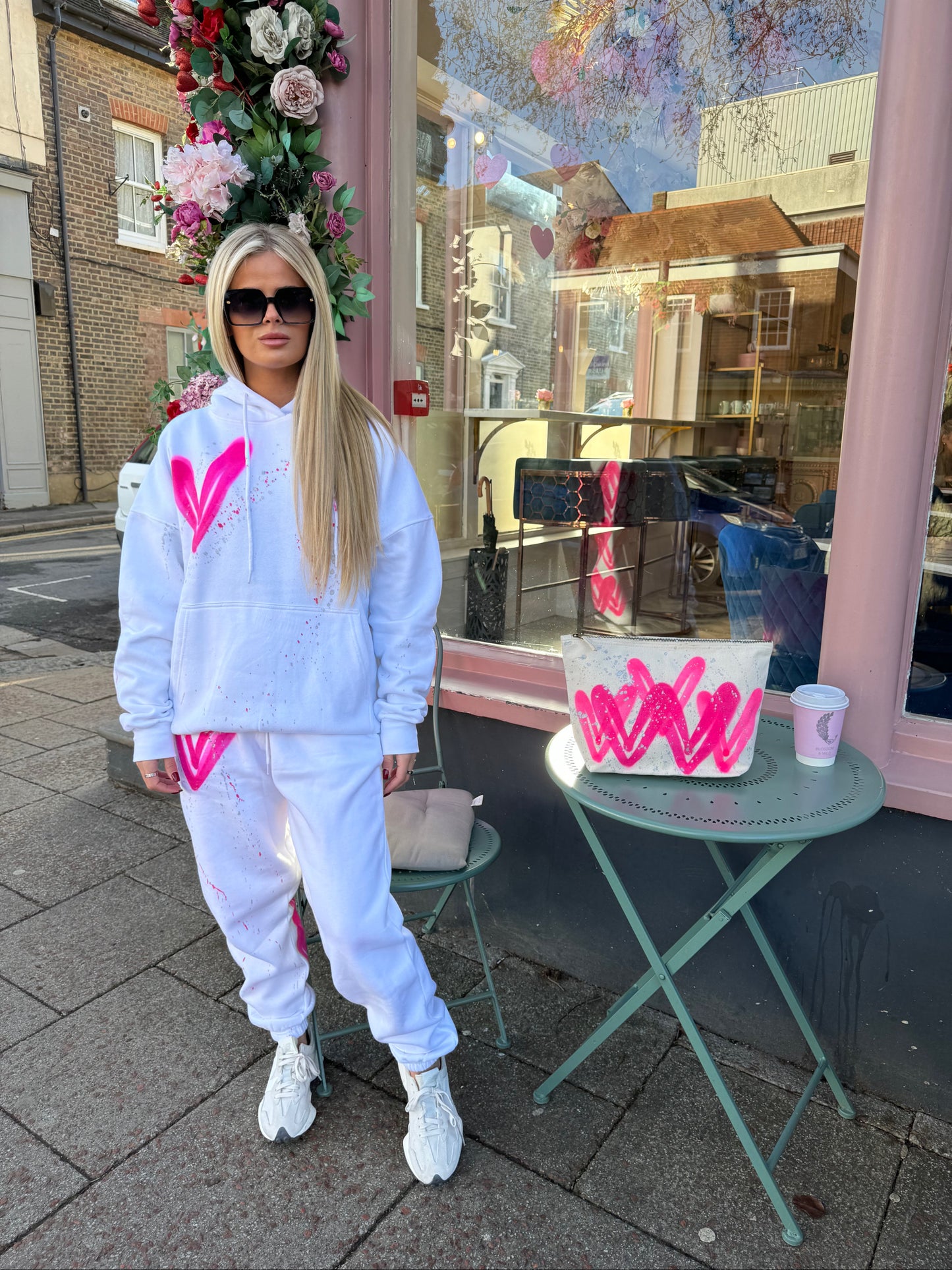 Hot Pink Heart Sprayed Hooded Tracksuit