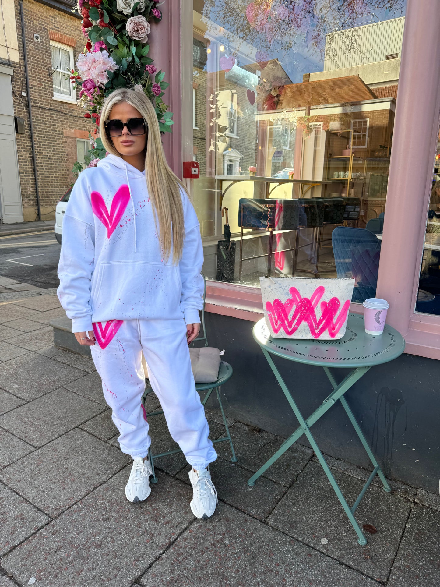 Hot Pink Heart Sprayed Hooded Tracksuit