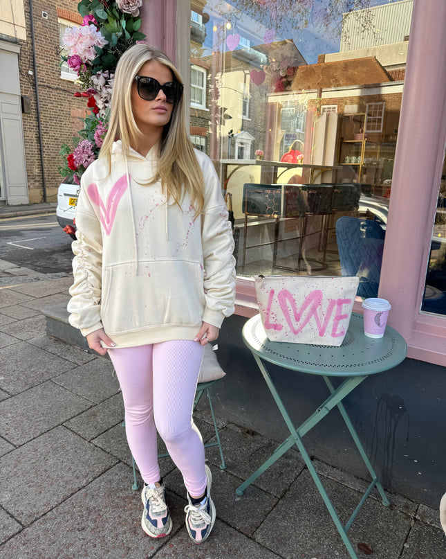 Pink Heart Sprayed Ruched Hoodie