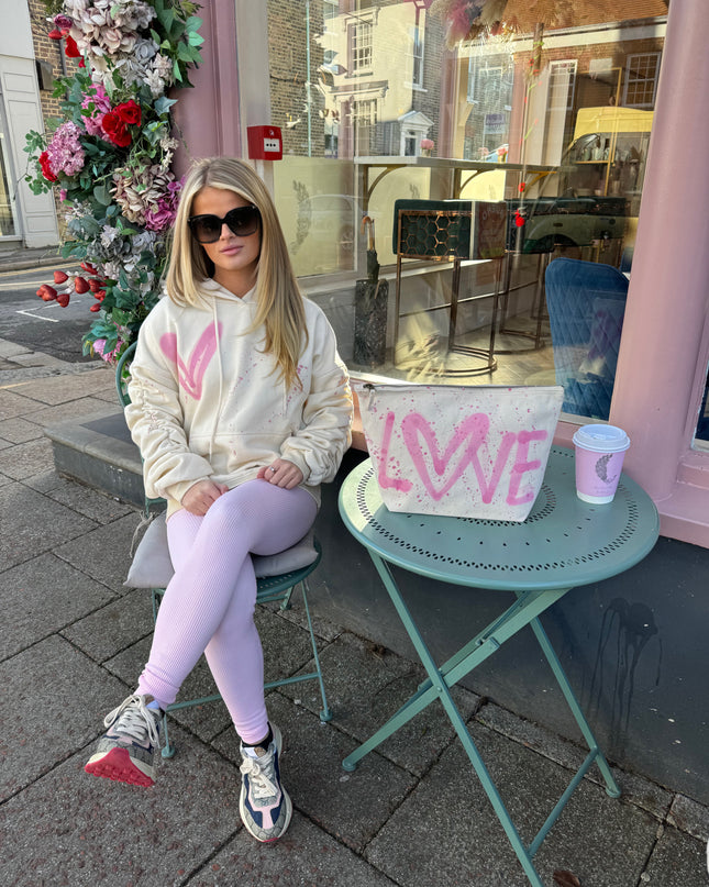 Pink Heart Sprayed Ruched Hoodie