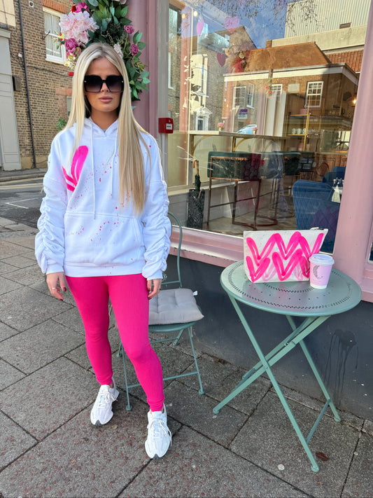 Hot Pink Heart Sprayed Ruched Hoodie And Legging Set