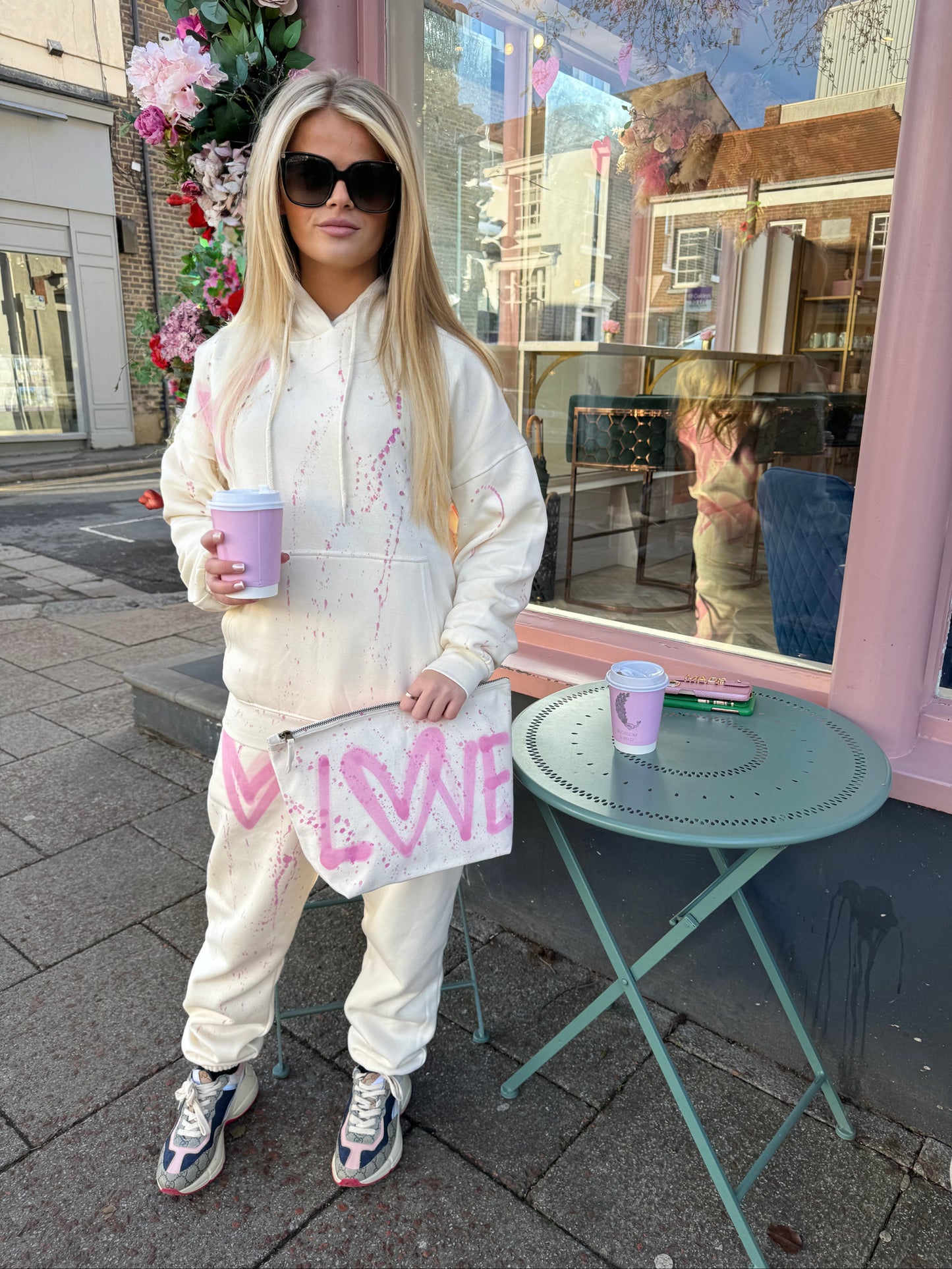 Pink Heart Sprayed Hooded Tracksuit