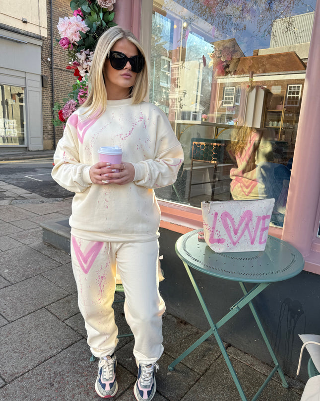 Pink Heart Sprayed Cream Sweatshirt Tracksuit