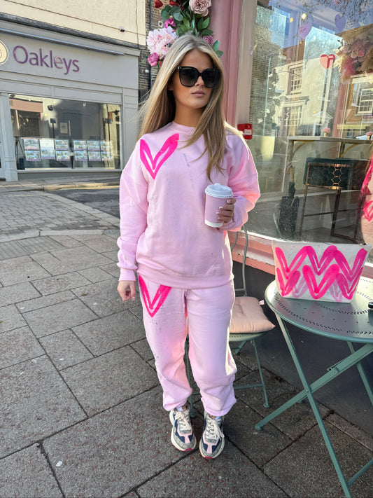 Hot Pink Heart Sprayed Pink Sweatshirt Tracksuit