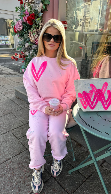 Hot Pink Heart Sprayed Pink Sweatshirt Tracksuit