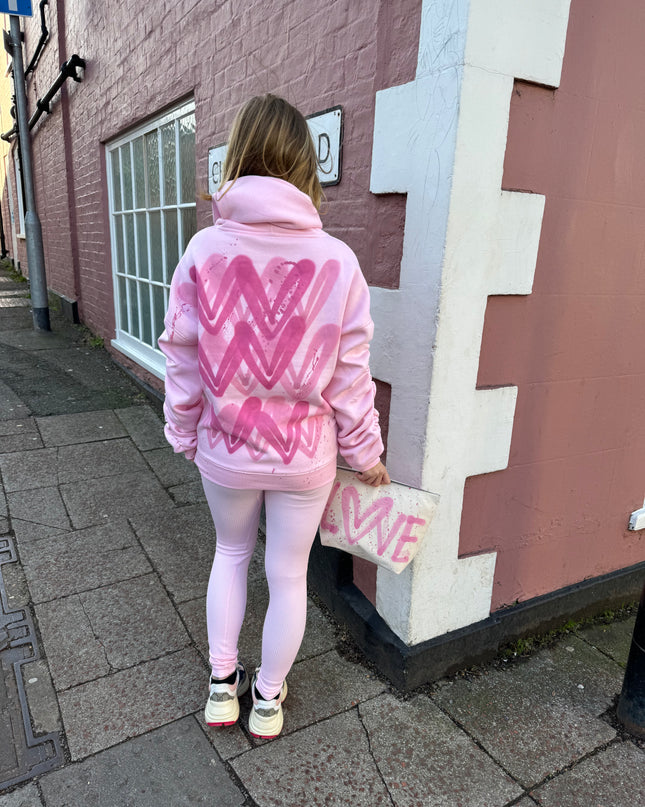 Pink Heart Pink Sprayed Ruched Hoodie