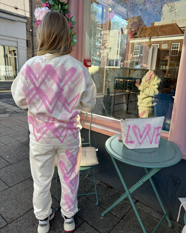 Pink Heart Sprayed Cream Sweatshirt Tracksuit