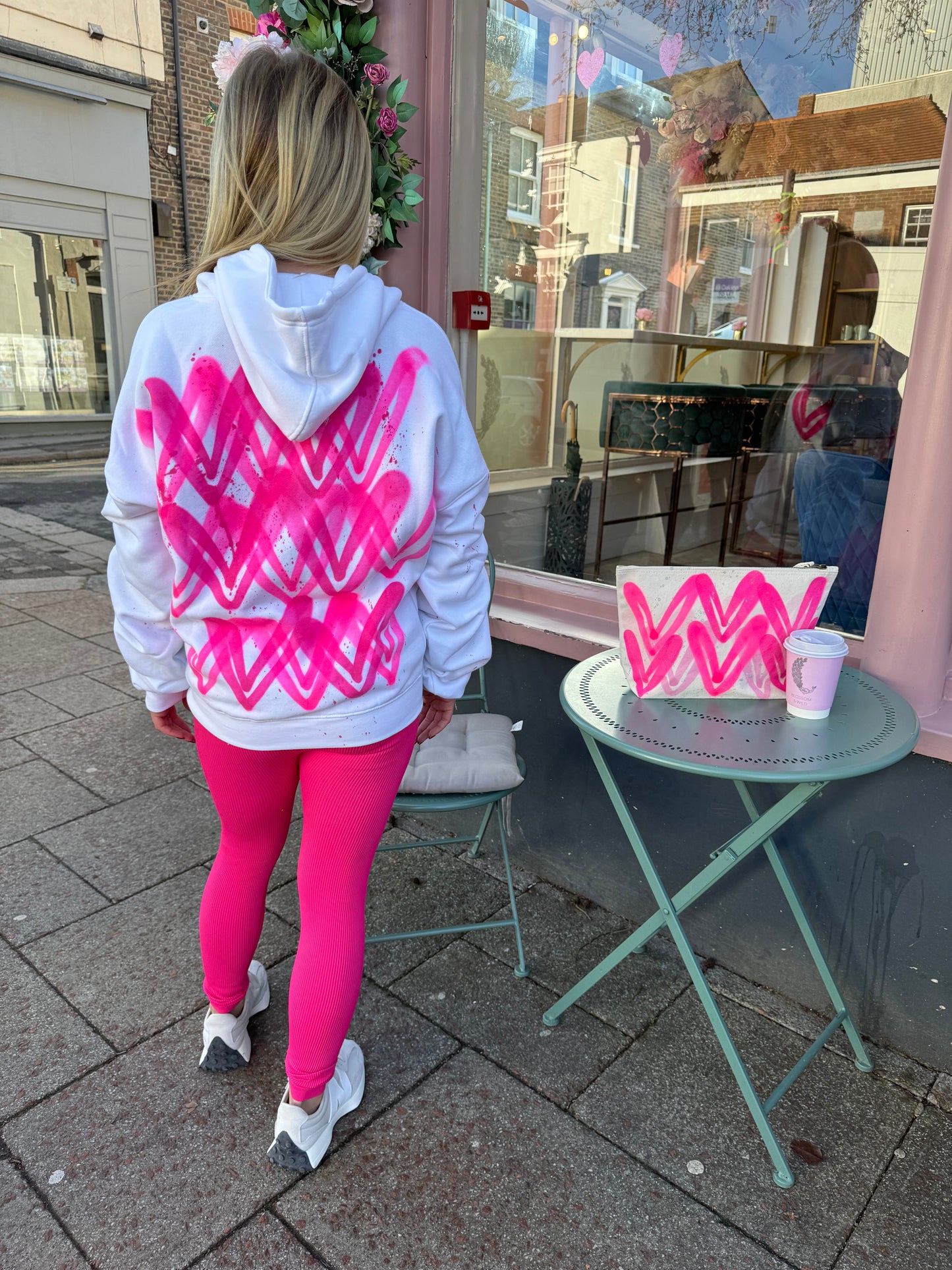 Hot Pink Heart Sprayed Ruched Hoodie