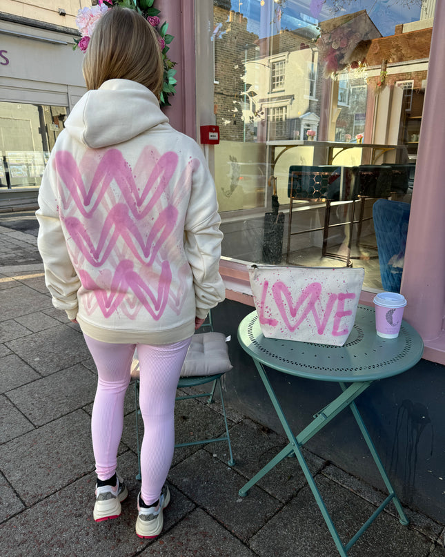 Pink Heart Sprayed Ruched Hoodie